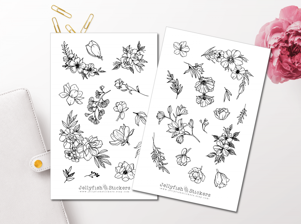 Flowers Black and White Sticker Set